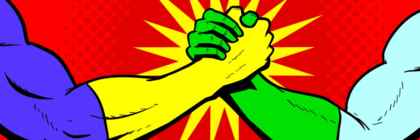 A retro pop art style illustration of two superheroes shaking hands bro-handshake style with halftone pattern in the background.