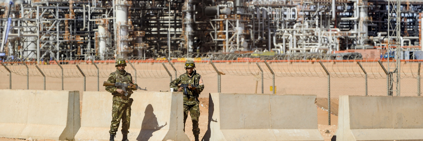 Algerian soldiers stand guard at the Tiguentourine gas complex, in In Amenas, about 1,600 kilometres southeast of the capital on January 31, 2013. - Algerian authorities organised a visit to the Tiguentourine gas plant in In Amenas for more than 120 foreign journalists, two weeks after a group of militants took hostage hundreds of workers from the gas complex.