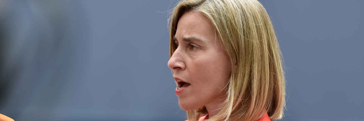 EU's High representative for foreign affairs and security policy Federica Mogherini talks to journalists as she arrives before an EU summit meeting on June 28, 2016 at the European Union headquarters in Brussels.