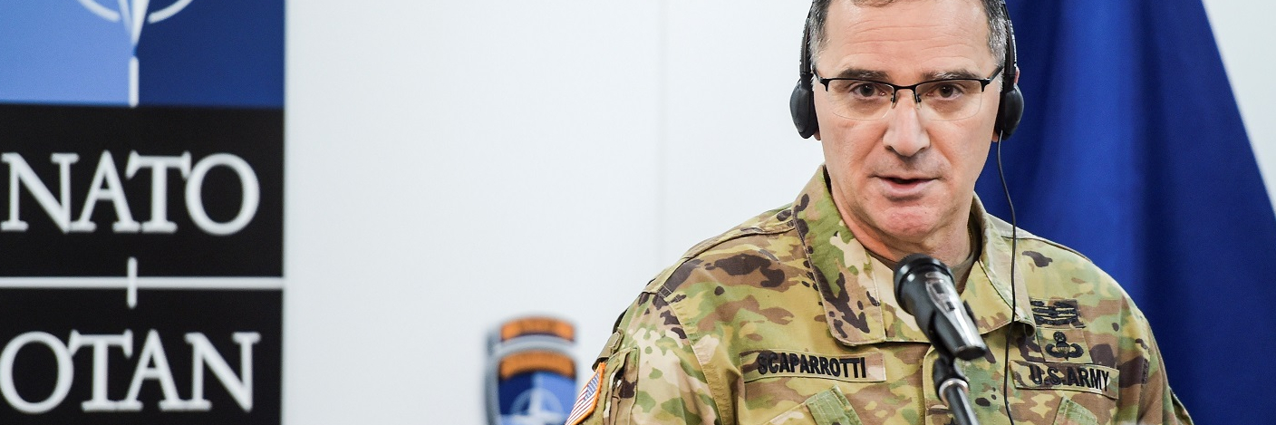 NATO Supreme Allied Commander Europe, US General Curtis M. Scaparrotti gives a press conference at the NATO's Kosovo Force Headquarters during his visit to Pristina on February 21, 2017.