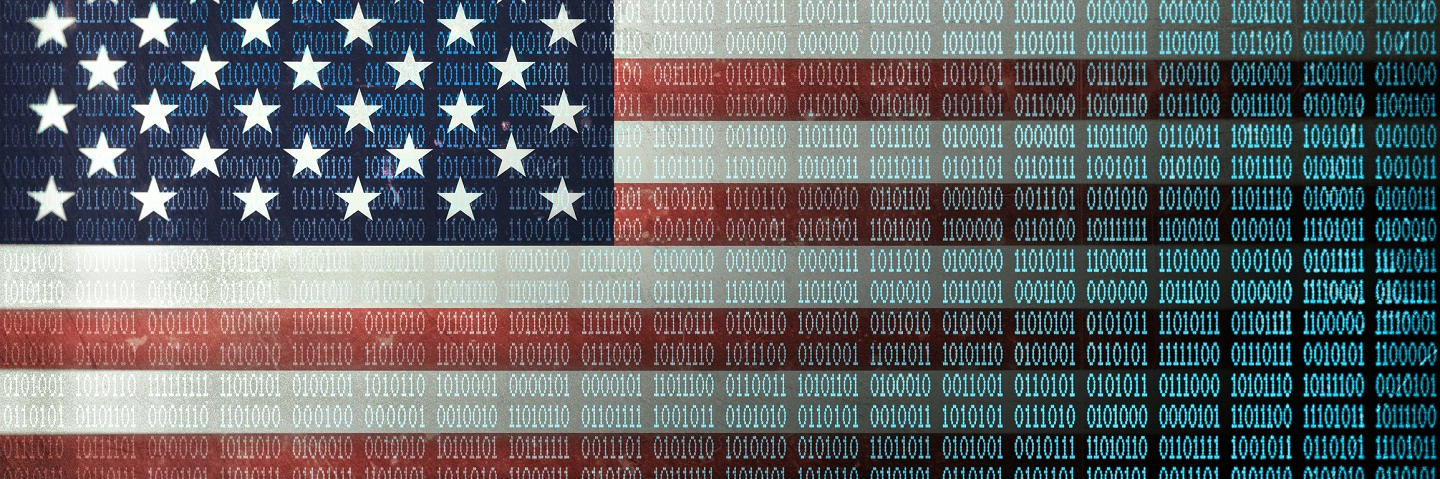 United States of America distressed flag with binary code on top.