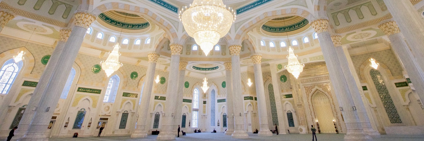 An interior view of Hazrat Sultan Mosque in Astana, Kazakhstan.