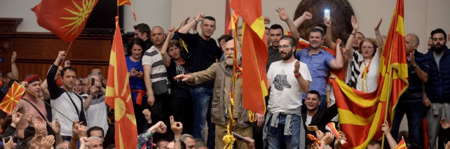 Supporters of former leading party VMRO-DPMNE occupy parliament after the Social democrats voted in a new parliament speaker in Skopje on April 27, 2017.