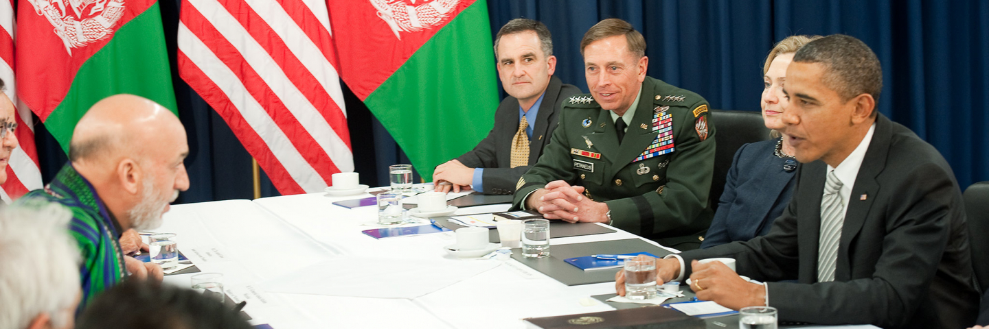President Barack Obama, U.S. Secretary of State Hillary Clinton, U.S. Army Gen. David Petraeus, the commander of International Security Assistance Force and U.S. Forces Afghanistan, and President of Afghanistan Hamid Karzai, left, meet during a NATO summit in Lisbon, Portugal