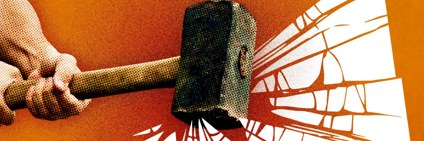 A graphic of a hammer breaking glass.