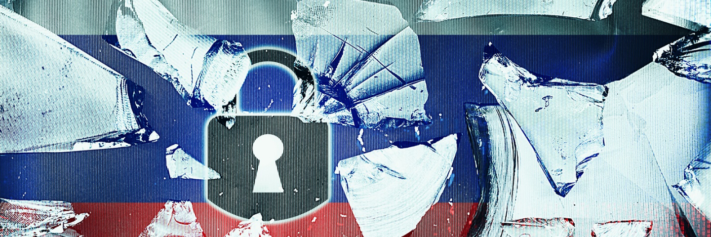 lock and broken over Russian flag