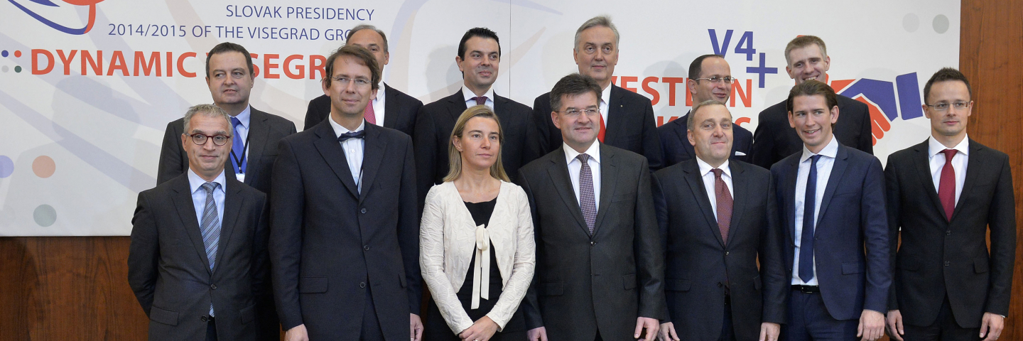 European and Western Balkans foreign ministers, European High Representative for Foreign Affairs Federica Mogherini, and the head of the Regional Cooperation Council, Goran Svilanović, pose after meeting in Bratislava, Slovakia, in October 2014 to discuss the state of the Western Balkans region.