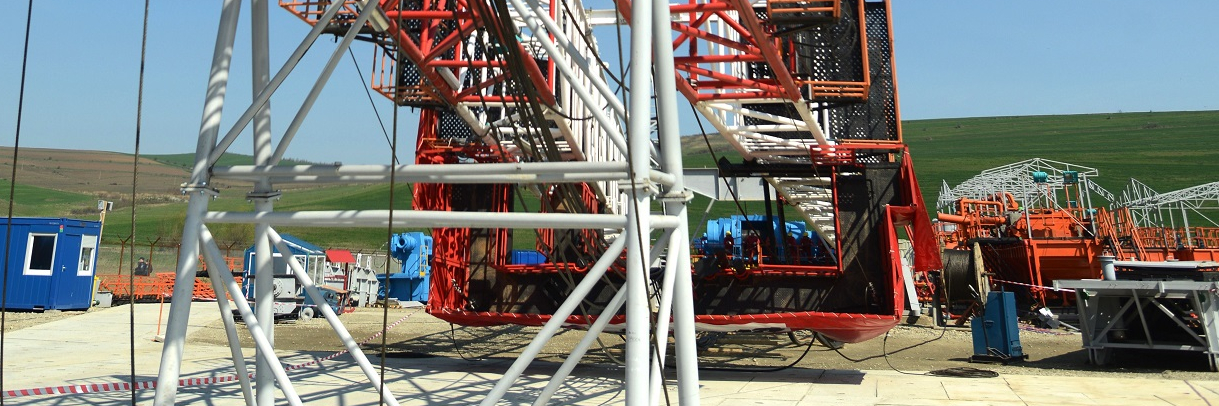 A Romanian national flag hanging on a drilling equipment at the first gas shale exploring site in Pungesti.