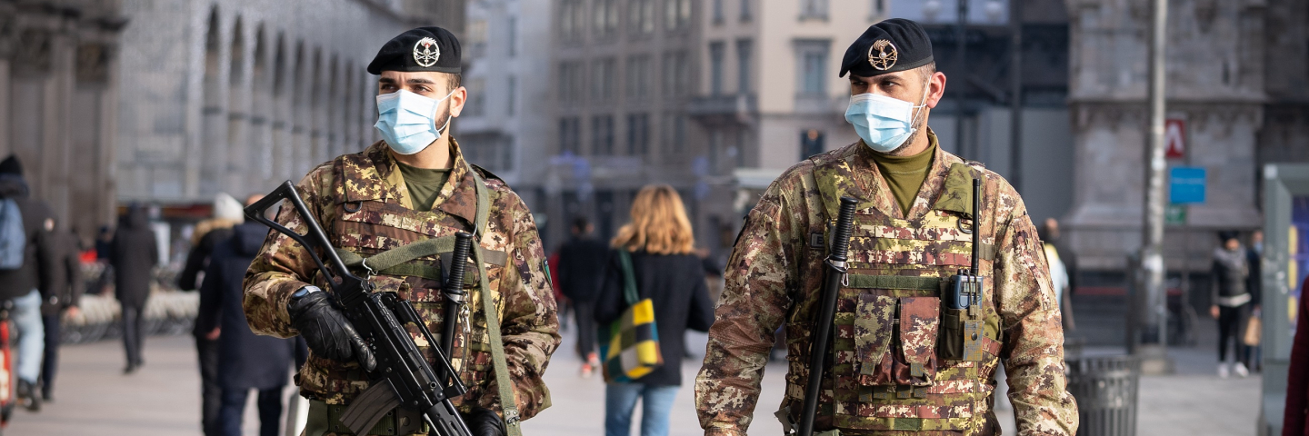 Two soldiers wearing face masks patrol Duomo Square in Milan, Italy on December 14, 2020. Since December 13, no region in Italy is in total lockdown anymore (red zone), however, given the high number of people seen on the streets in the very first days, the government is already thinking of re-imposing strict measures for the Christmas holidays in order to avoid a third wave of coronavirus (Covid-19) pandemic. 