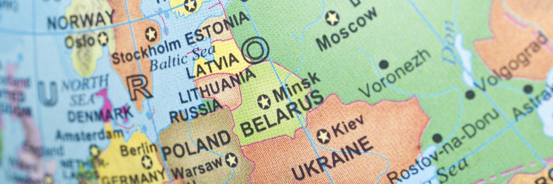 Photo of a globe, focusing on Eastern Europe