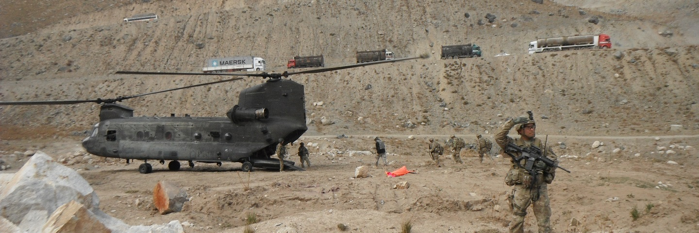 Support personnel depart the Salang Pass landing zone via Chinook during a site assessment of Operation Mountain Blade in the Parwan province, Afghanistan.