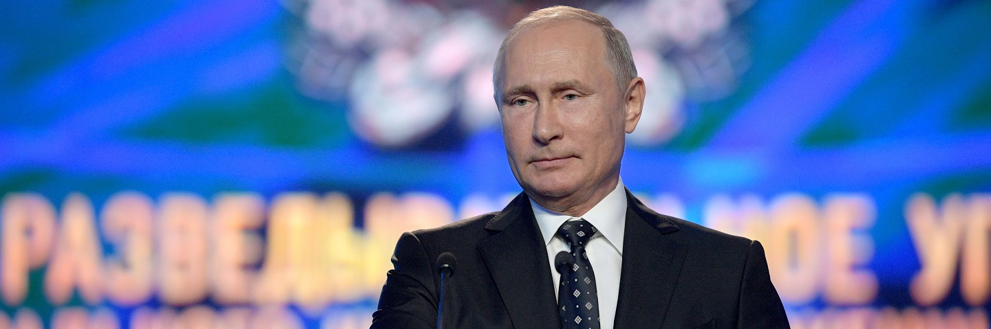 Russia's President Vladimir Putin addresses an event marking the 100th birthday of the Main Directorate of the Russian Armed Forces' General Staff at the Russian Army Theatre on Day of Military Intelligence Officer.