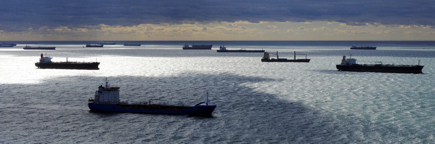Aerial view of Tankers and other vessels waiting off shore Marseille's port in Martigues on October 17, 2010, where two oil terminals are blocked by strike action.