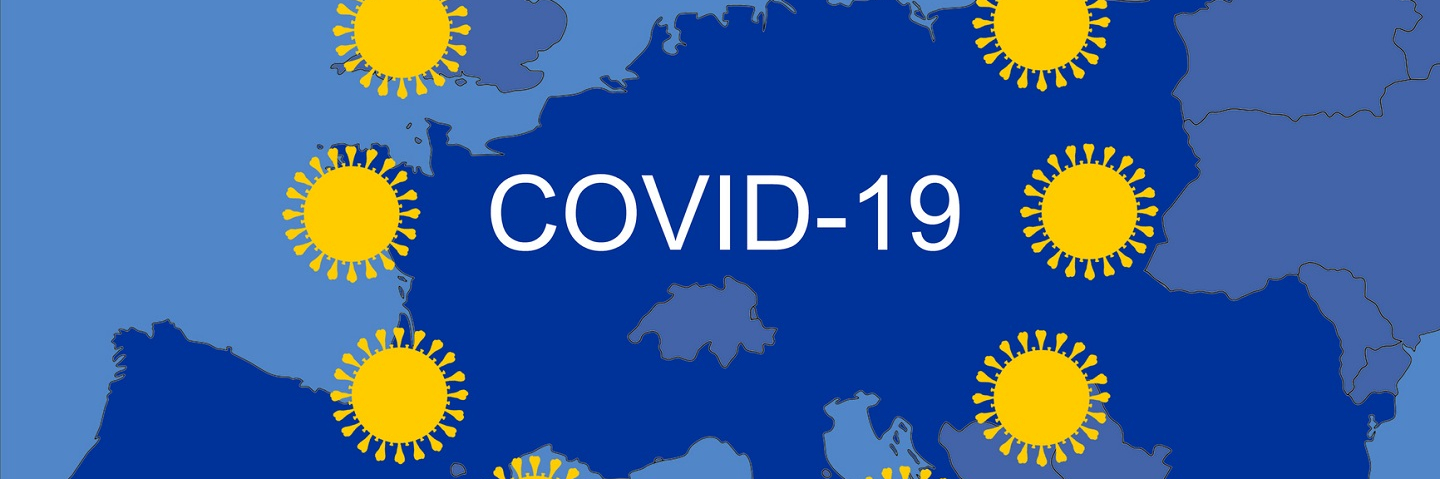 Graphic of a blue European Union map with Coronavirus overlay as European Union flag.