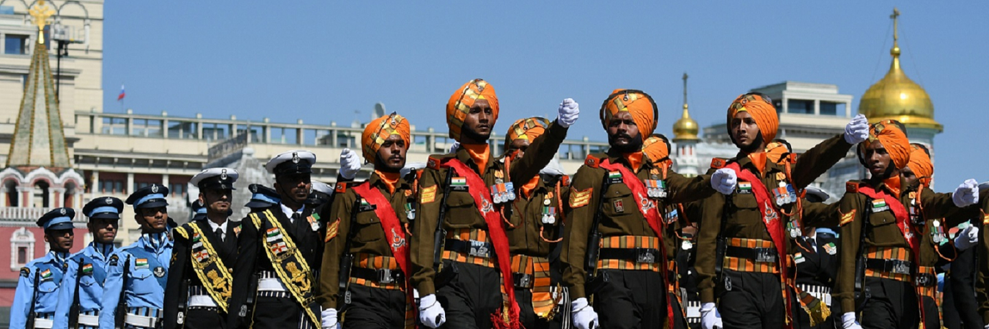 Servicemen of the Armed Forces of India march during a Victory Day military parade in Red Square marking the 75th anniversary of the victory in World War II, on June 24, 2020 in Moscow, Russia.