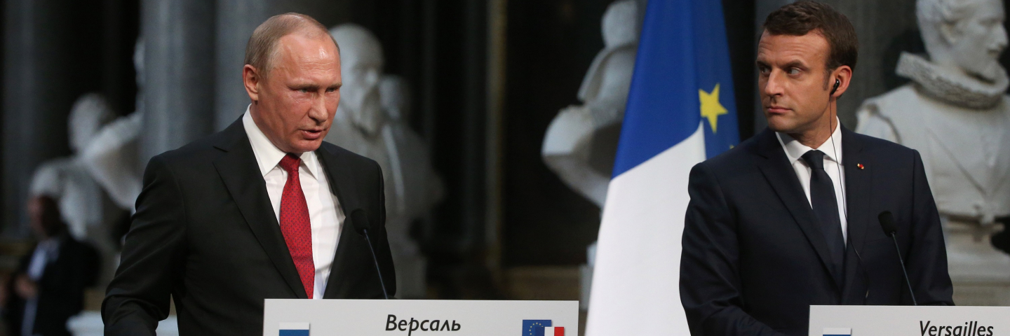  French President Emmanuel Macron (R) and Russian President Vladimir Putin (L) during their meeting on May, 29, 2017 in Versailles, France. Putin is visiting France for talks with Macron in the wake of the G7 summit, with the Ukrainian crisis, the war in Syria and Russia's ties with the EU expected to be on the agenda.