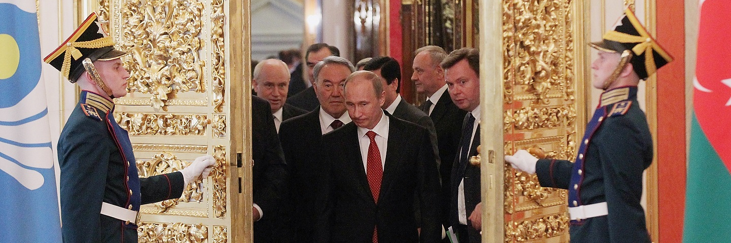 Russian President Vladimir Putin enters the Summit of the Commonwealth of Independent States in Moscow's Grand Kremlin Palace on May 15, 2012 in Moscow, Russia. Leaders of post-Soviet countries enter behind him.