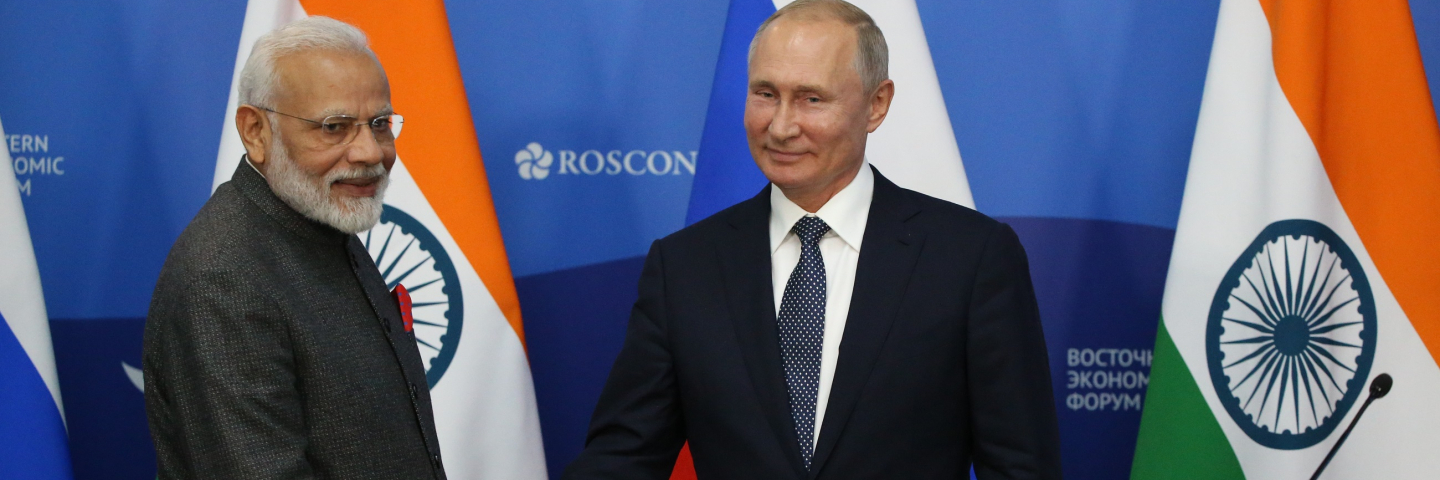 Russian President Vladimir Putin (R) shakes hands with Indian Prime Minister Narendra Modi (L) during the signing ceremony after their talks at the Russky Island in Vladivostok, Russia, September,4,2019.