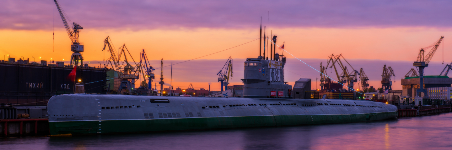 Russian Submarine at the pier in Saint Petersburg at sunset.