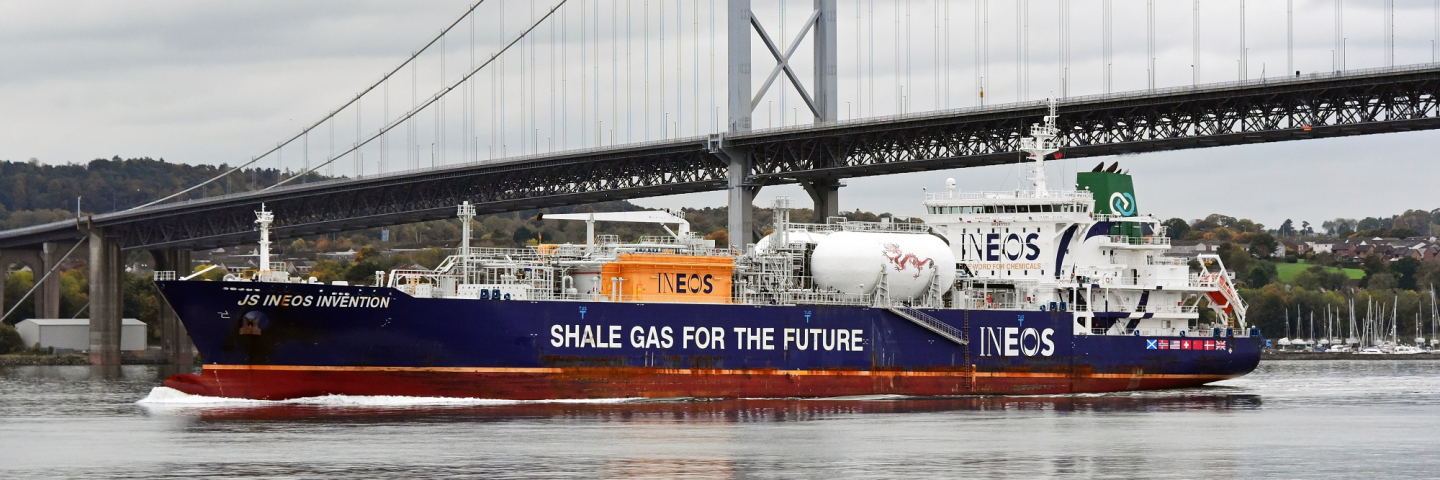 Shale gas tanker J S Ineos Invention passes under the Forth Road Bridge en route from Grangemouth to the US port of Marcus