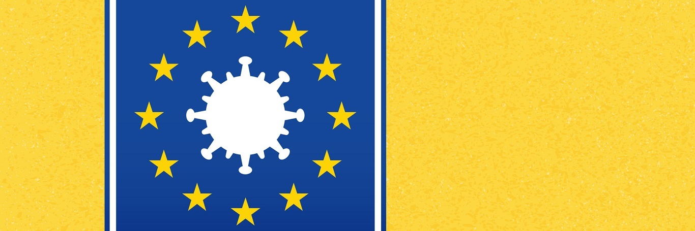 European flag sign with Coronavirus Covid-19 symbol on yellow background with shadow.