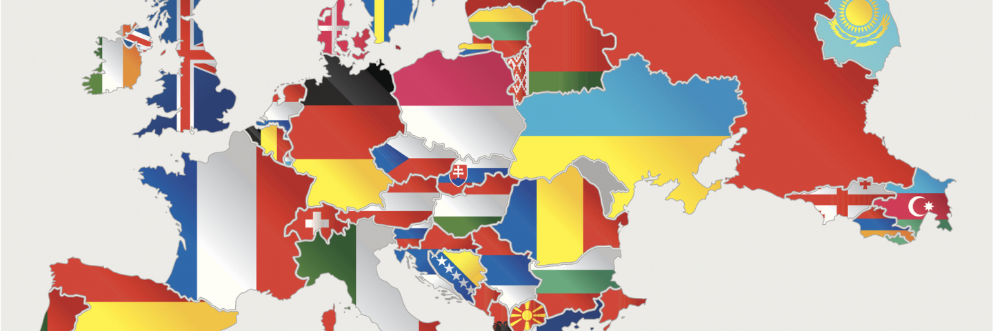 Detailed vector map of Europe with border states and national flags.
