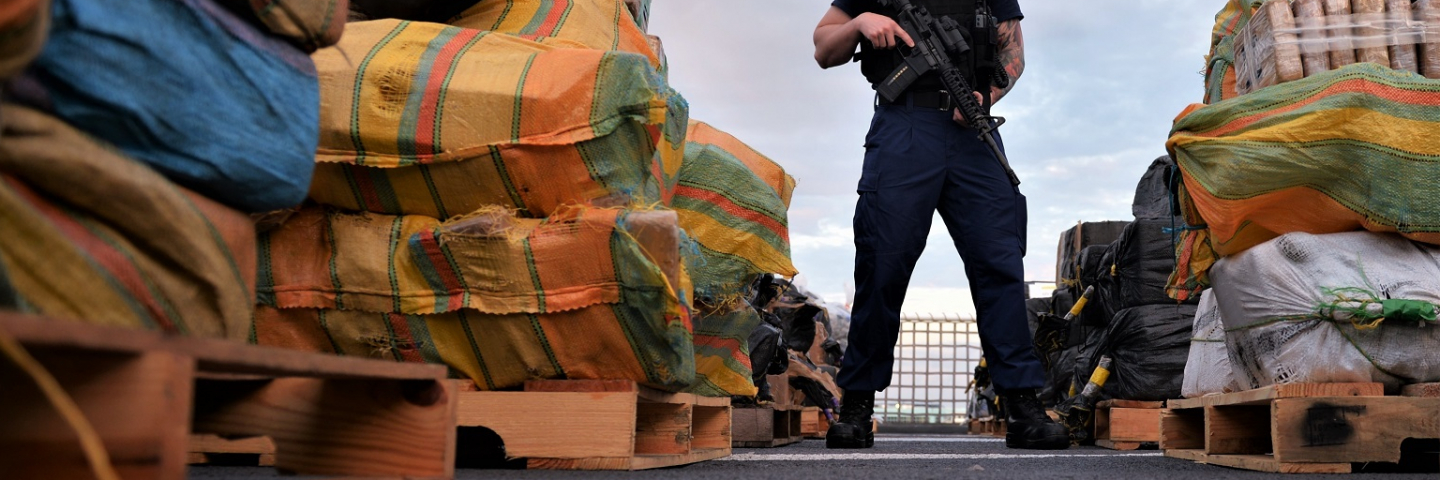 Anti-terrorism Force Protection on United States Coast Guard Cutter James stands watch over seized narcotics prior to the offload on Tuesday, June 9th 2020.