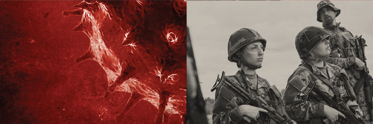 virus molecule with picture of soldiers and a medical person split screen