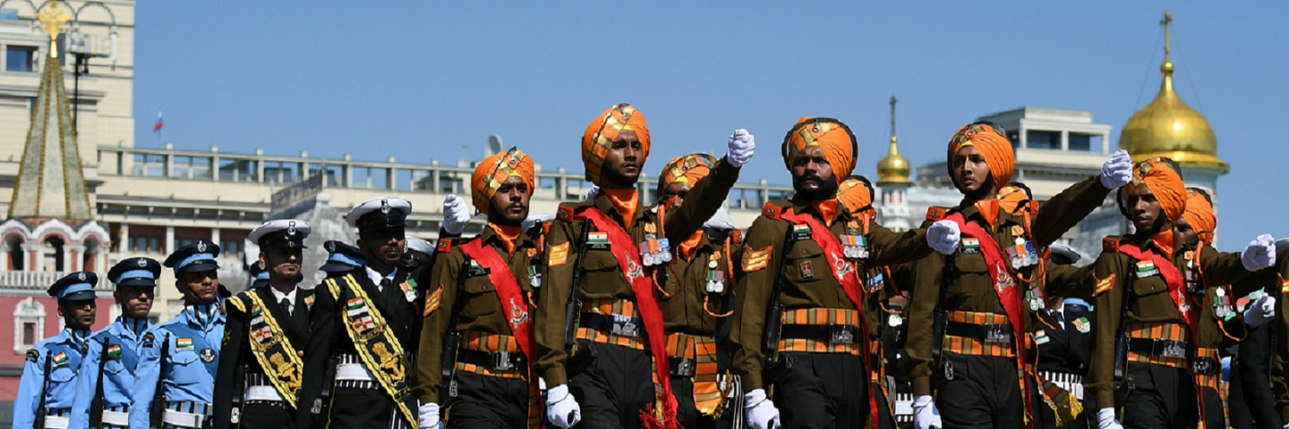 Servicemen of the Armed Forces of India march during a Victory Day military parade in Red Square marking the 75th anniversary of the victory in World War II, on June 24, 2020 in Moscow, Russia