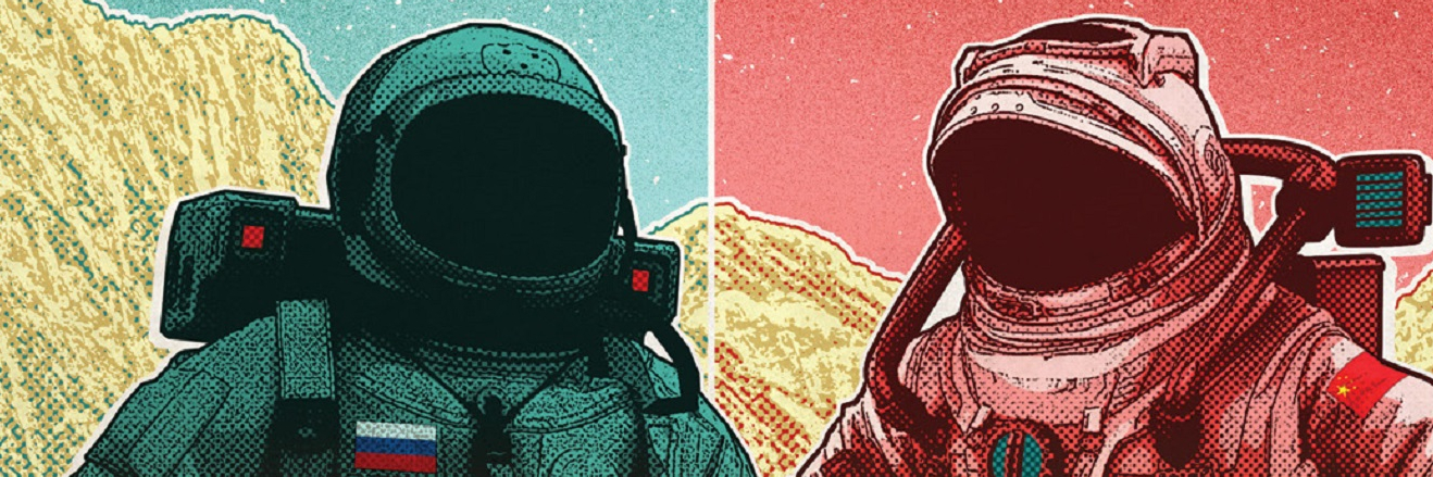 2 humans in space suits, China and Russian