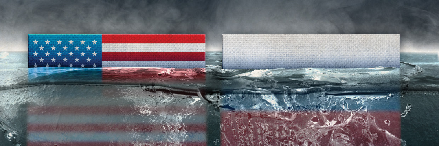 US and RUssia flags in water