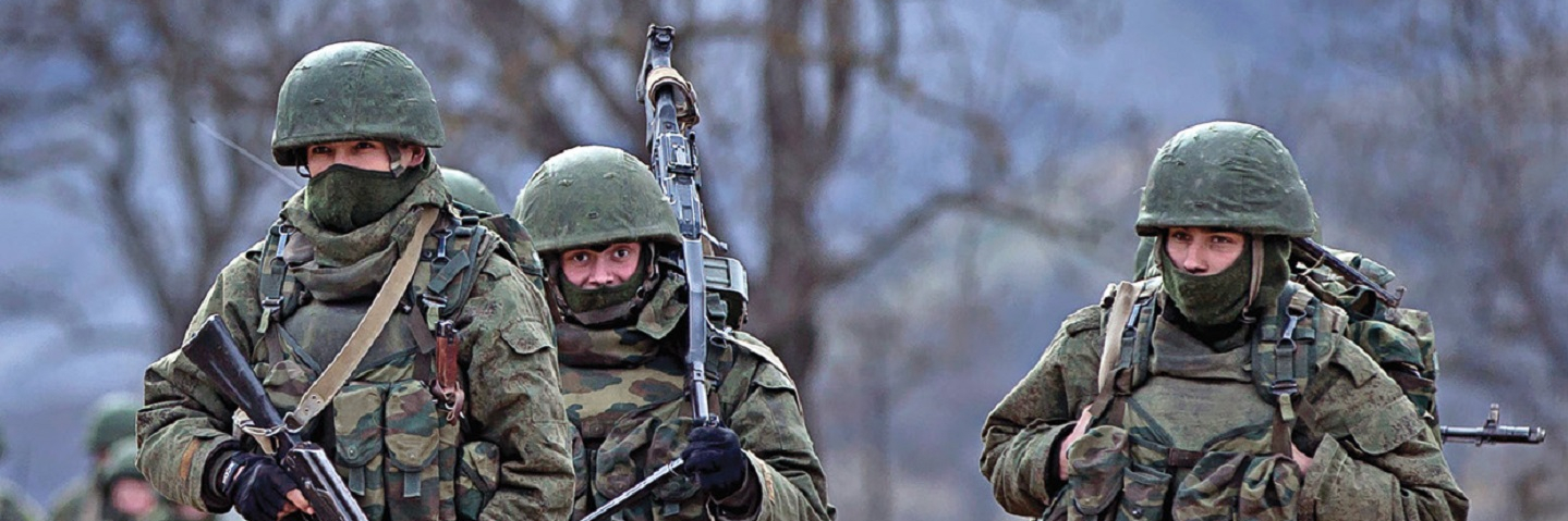 Russian soldiers in uniforms without identifying insignia