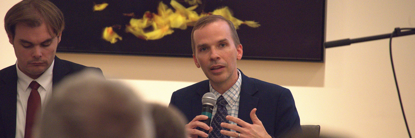 Dr. Daniel Milton, Professor of Transnational Security Studies, speaks at an alumni outreach event Nov. 19