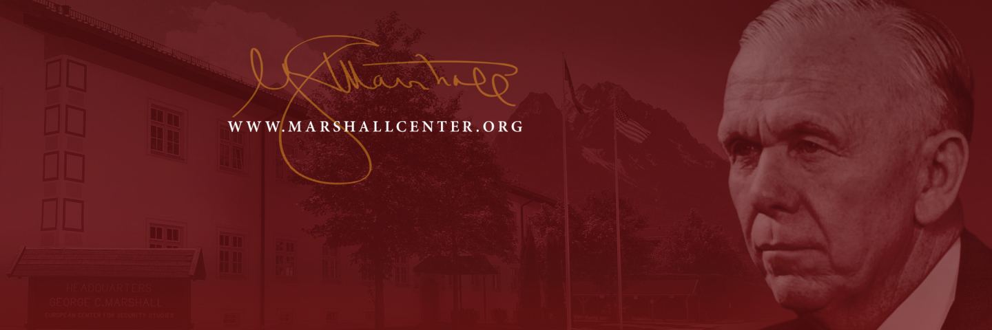 George C. Marshall Header Graphic includes a profile of George C. Marshall and the Marshall Center headquarters building