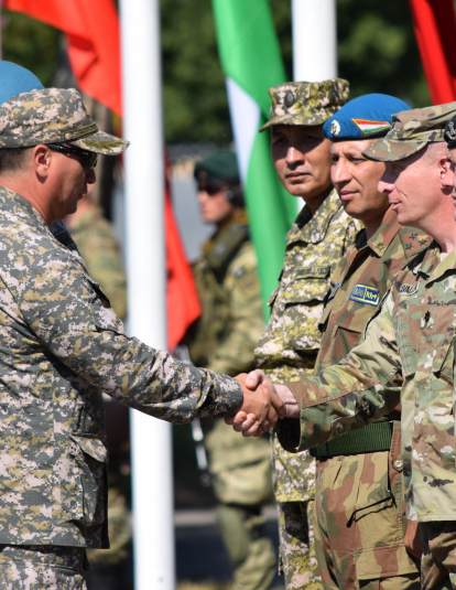 Photo of U.S. and Kazakhstan armies preparing for joint exercise Operation Steppe Eagle in 2017.