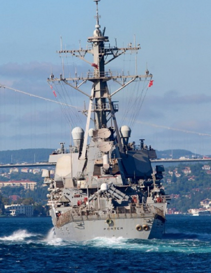The U.S. Navy destroyer USS Porter is seen transiting the Bosporus on Thursday, Aug. 8, 2019, on its way to the Black Sea.