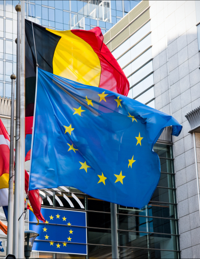 A photograph of the French and EU flags at half-mast in front of the European Parliament following last night's terrorist attack in Nice. 