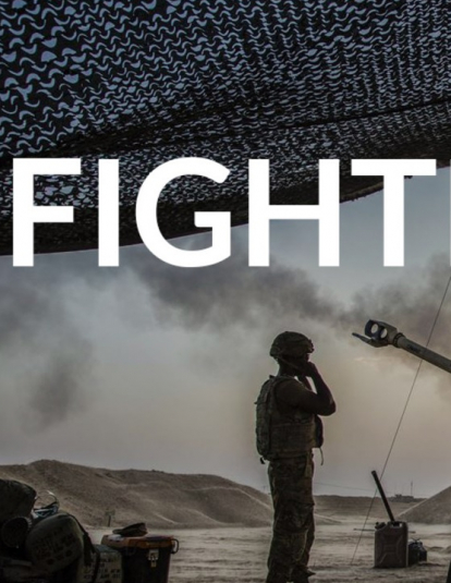 A photograph of soldiers with the wording, Fighting ISIS.