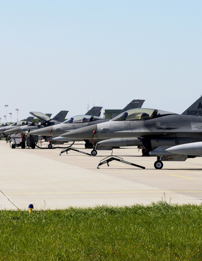 F-16 Fighting Falcons sit on the ramp Sept. 5, 2014, at Lask Air Base Poland. 