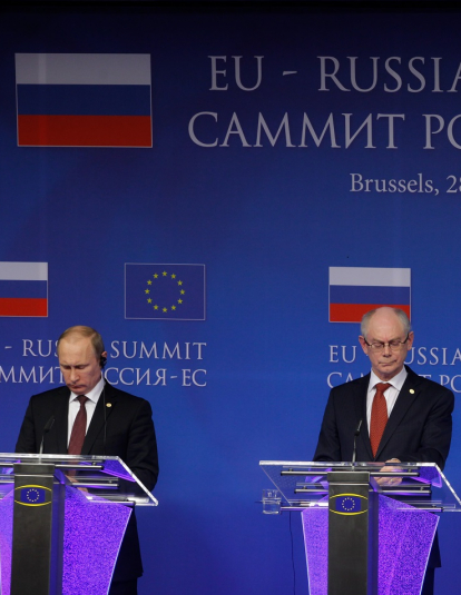Vladimir Putin, Herman van Rompuy and José Manuel Barroso (in the foreground, from right to left), EU/Russia Summit, January 28, 2014