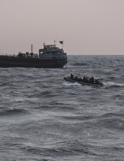 Sailors assigned to the Arleigh Burke-class guided-missile destroyer USS Preble (DDG 88) respond to a distress call from an Iranian vessel. 