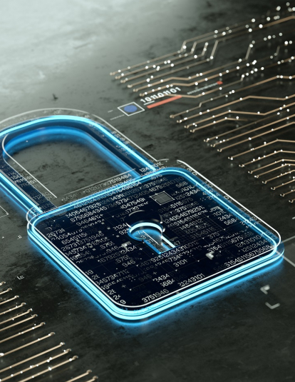 Grahic art displaying digital encrypted lock with data multilayers. 