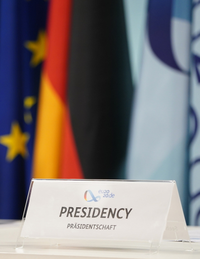 A bell and sign mark the seat for German Interior Minister Horst Seehofer prior to a virtual informal meeting of European Union interior ministers during the novel coronavirus pandemic on July 07, 2020 in Berlin, Germany. 