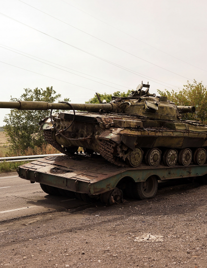 A destroyed tank is viewed on the road out of Donetsk on September 12, 2014 in Donetsk, Ukraine.
