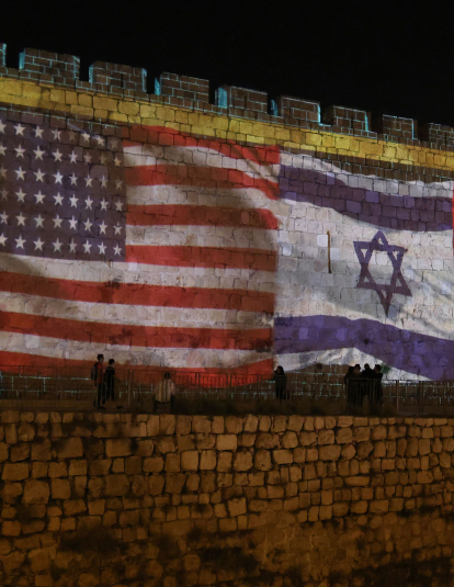 The flags of US, Israel, United Arab Emirates, and Bahrain are projected on the ramparts of Jerusalem's Old City on September 15, 2020 in a show of support for Israeli normalisation deals with the United Arab Emirates and Bahrain. 