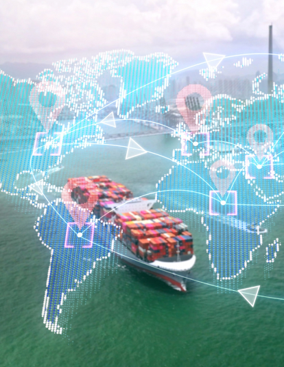 Cargo ship with an overlay of a world map showing shipping routes. 