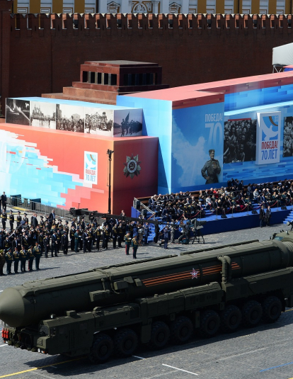 An RS-24 Yars/SS-27 Mod 2 solid-propellant intercontinental ballistic missile during the military parade to mark the 70th anniversary of Victory in the 1941-1945 Great Patriotic War, May 9, 2015 in Moscow, Russia. The Victory Day parade commemorates the end of World War II in Europe. 