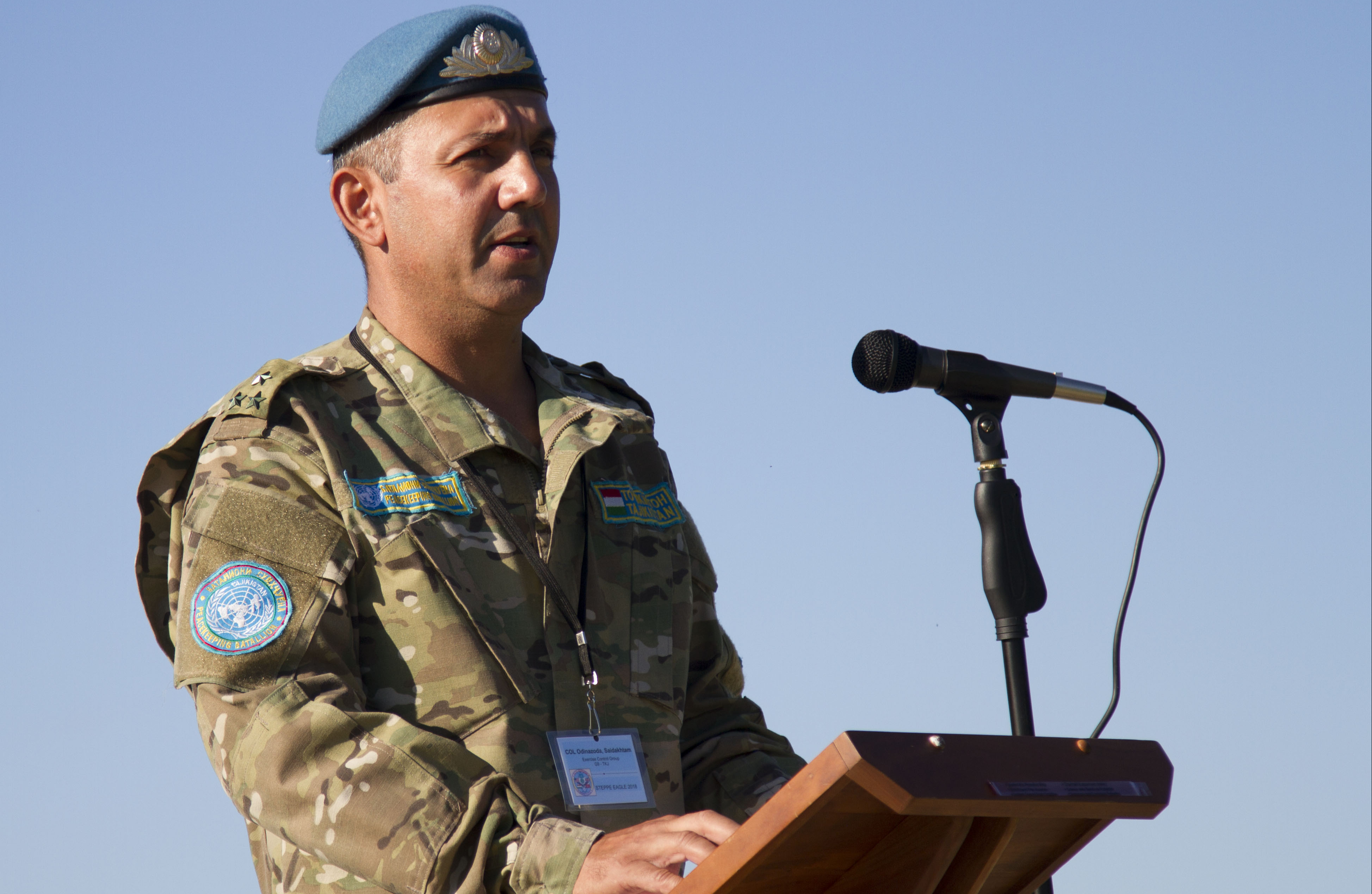 Kazakhstan Colonel addressing opening ceremonies for Steppe Eagle exercise.