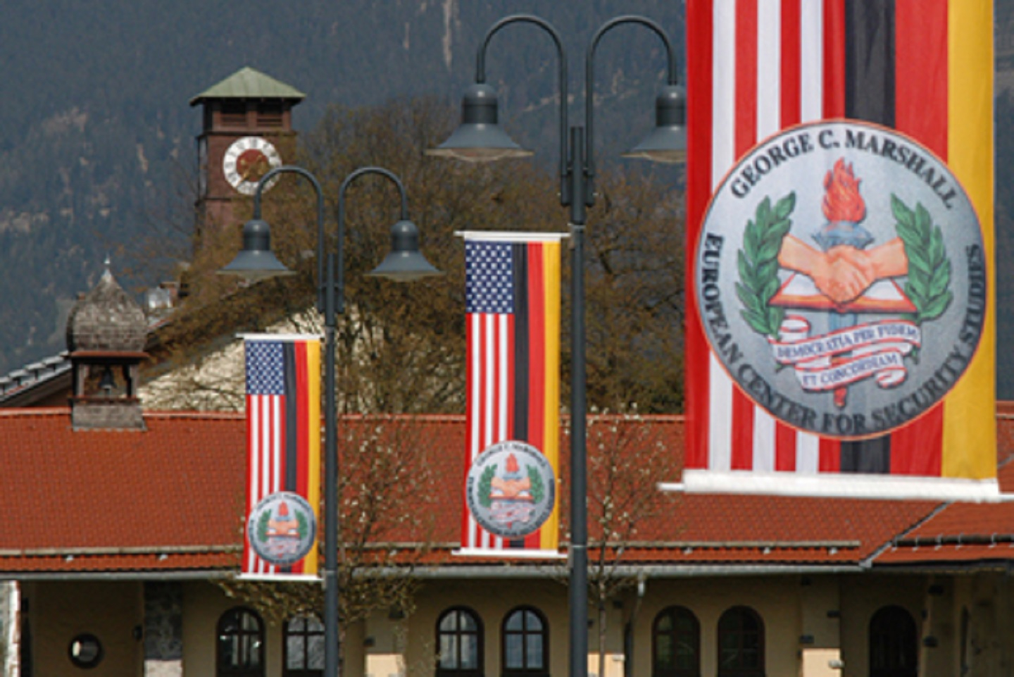 A photograph of American and German banners along the road side at the George C. Marshall Center European Center for Security Studies.