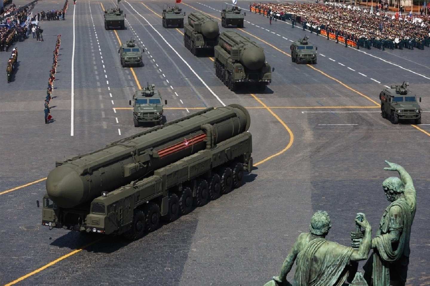 Military vehicles with missiles during the military parade in Moscow